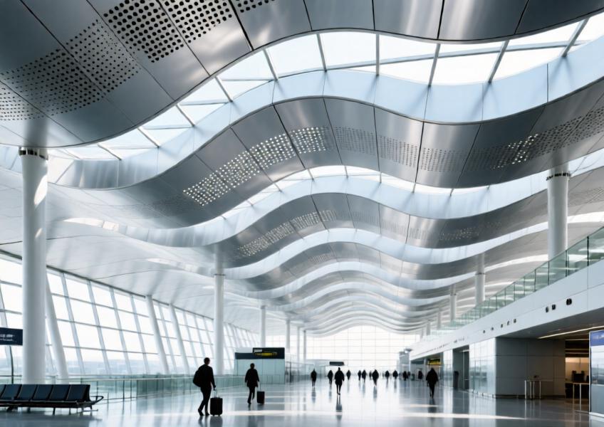 A realistic interior shot of a public space ceiling made of high-quality aluminum panels, highlighting acoustic functionality and aesthetic design in a large-scale architectural application.