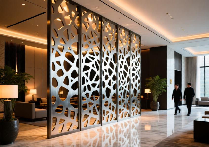 Interior of a high-end hotel lobby with a perforated aluminum feature wall, demonstrating the material’s decorative and light-modulating capabilities.