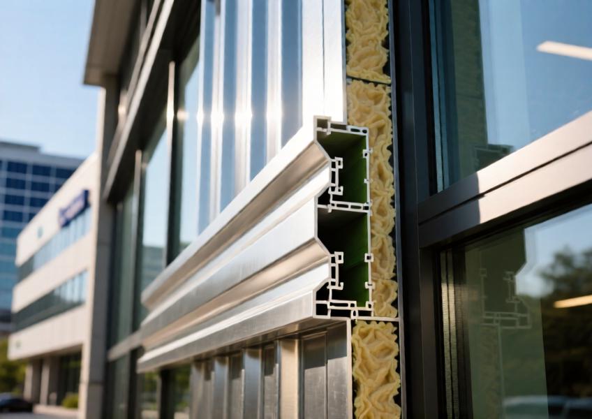 Detailed view of a sustainable, insulated metal cladding panel showing its recyclable construction and thermal efficiency.