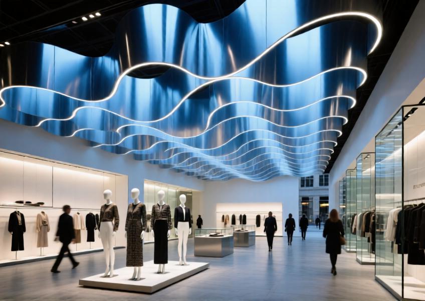 Commercial interior with a decorative aluminum ceiling canopy that enhances lighting and spatial design in a luxury retail environment.