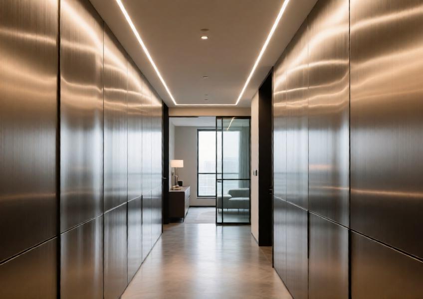 Interior hallway showcasing brushed metal wall cladding sheets used for aesthetic sophistication and durability in a premium residential space.