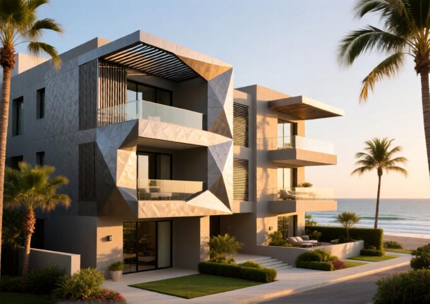 A high-end residential building by the coast with warm-toned aluminum cladding, illustrating aesthetic refinement and environmental resilience.
