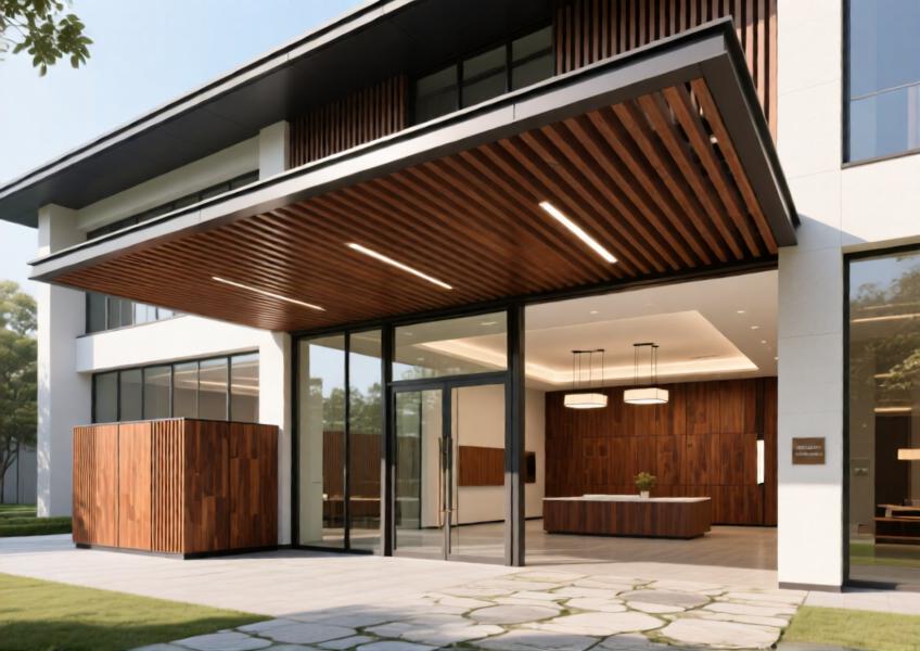 Cultural center interior and entrance with unified wood look cladding on canopy and partitions, showcasing material versatility and aesthetic consistency across spaces.
