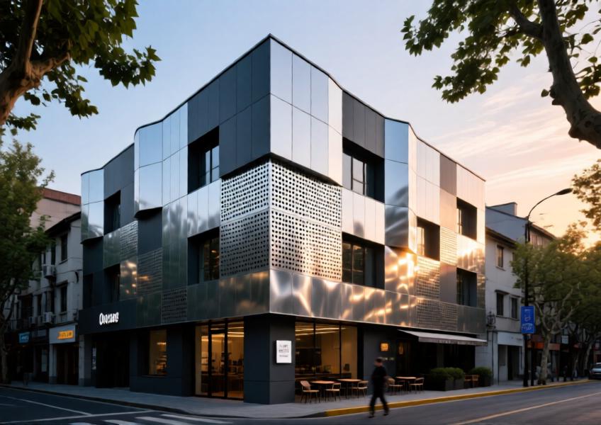 A detailed view of a real-world renovation project highlighting the visual impact and light-responsive qualities of aluminum panels on a mixed-use building.