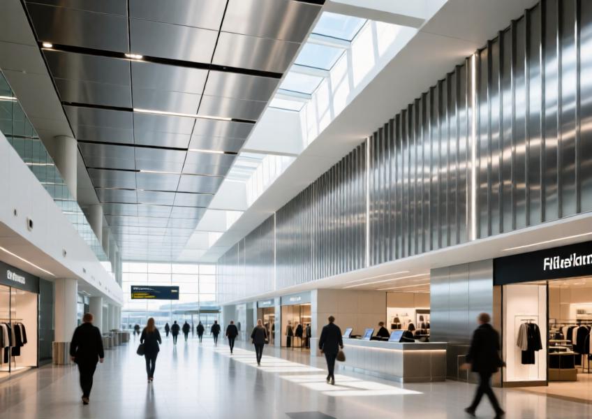 An interior view of a high-traffic commercial space demonstrating the use of aluminium cladding in ceilings and walls, emphasizing its modern, durable, and fire-resistant properties.