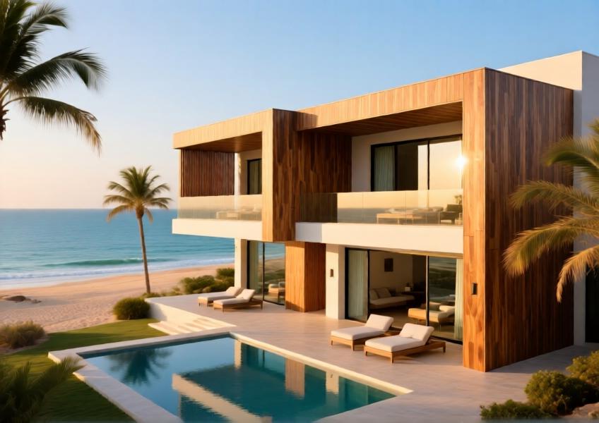 Marine-grade aluminium cladding on a Dubai seaside villa, designed for long-term durability in coastal conditions.