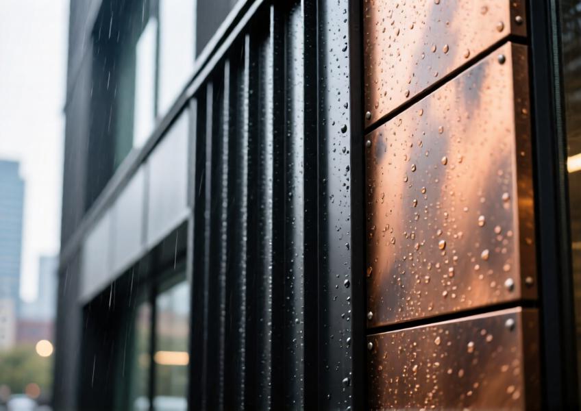 Detailed view of different metal cladding finishes showcasing texture, material quality, and environmental resilience.