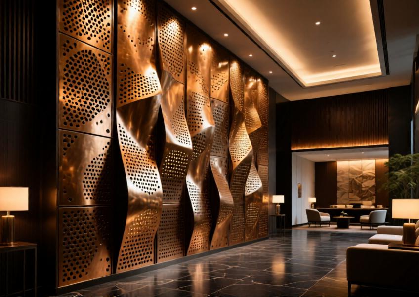 Luxury hotel interior showcasing sculptural bronze cladding panels designed for aesthetic and acoustic performance.