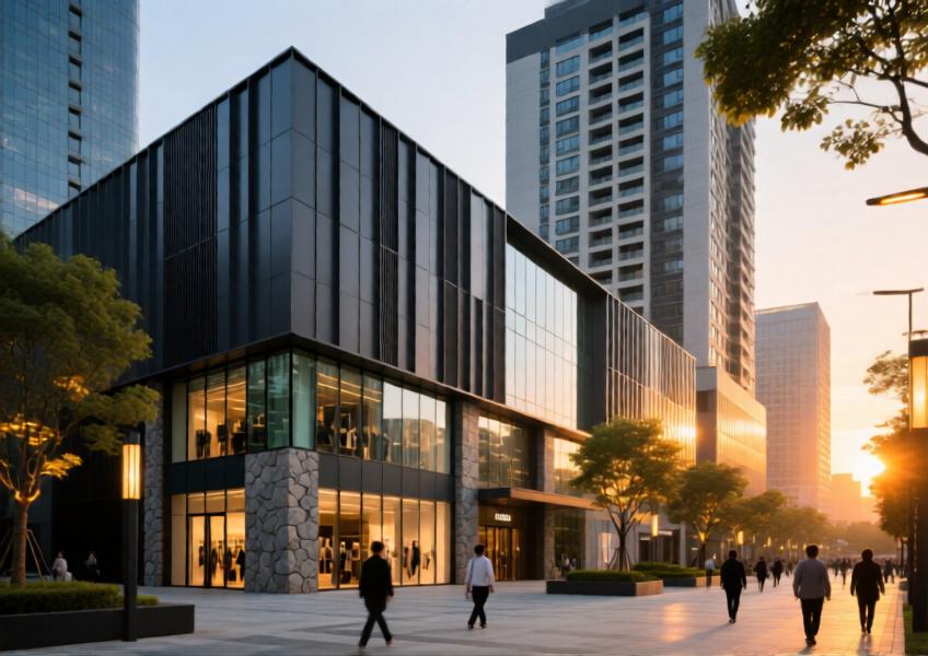 A renovated mixed-use development in Shanghai demonstrating the cohesive and durable application of aluminium cladding across different building functions.