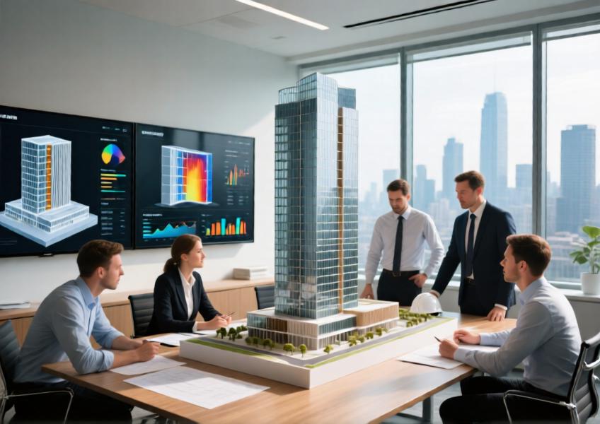 Interior scene of a design team collaborating with a cladding expert during early-stage planning of a high-performance curtain wall project.