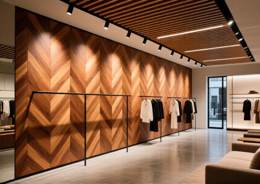 Interior of a high-end fashion boutique using wood cladding to create a luxurious and textured feature wall and ceiling design.