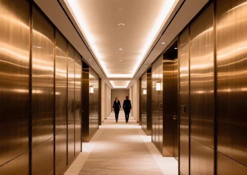 Interior scene of a hotel corridor using aluminium wall panels to enhance lighting and spatial perception, demonstrating their application in high-end residential-style interiors.