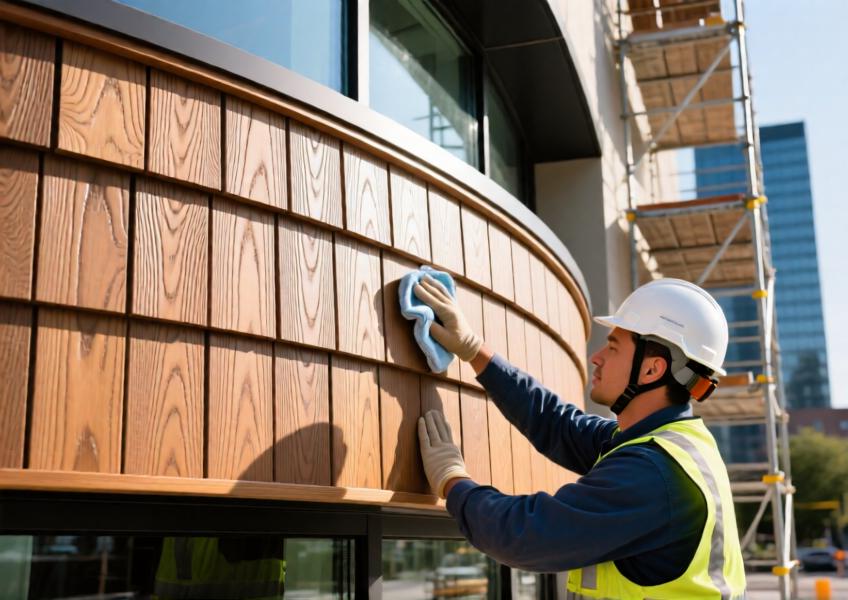 Detailed shot of wood look aluminum siding on a curved wall, demonstrating its versatility, realistic texture, and ease of maintenance in commercial applications.
