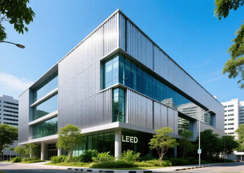A sustainable office façade using durable, recyclable corrugated aluminum cladding that combines modern design with environmental performance in a tropical climate.