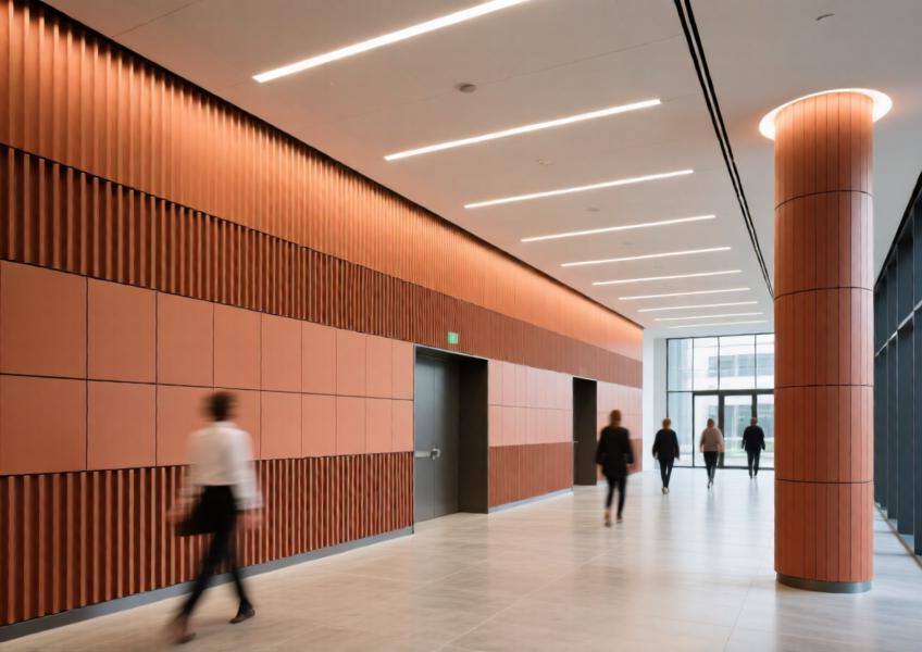 Interior atrium using rainscreen panels for aesthetic continuity and acoustic performance in a commercial environment.