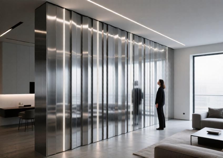 Interior design application of aluminum wall panels as a feature wall, emphasizing aesthetic appeal and integration with modern lighting and décor.