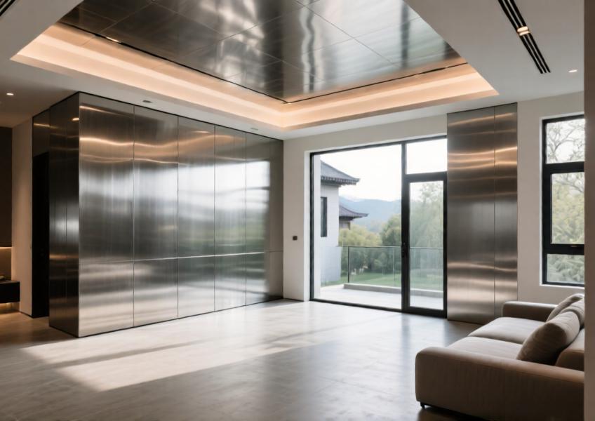 High-end residential interior with steel cladding on walls and ceiling, emphasizing its role in achieving industrial elegance and enhancing natural lighting.