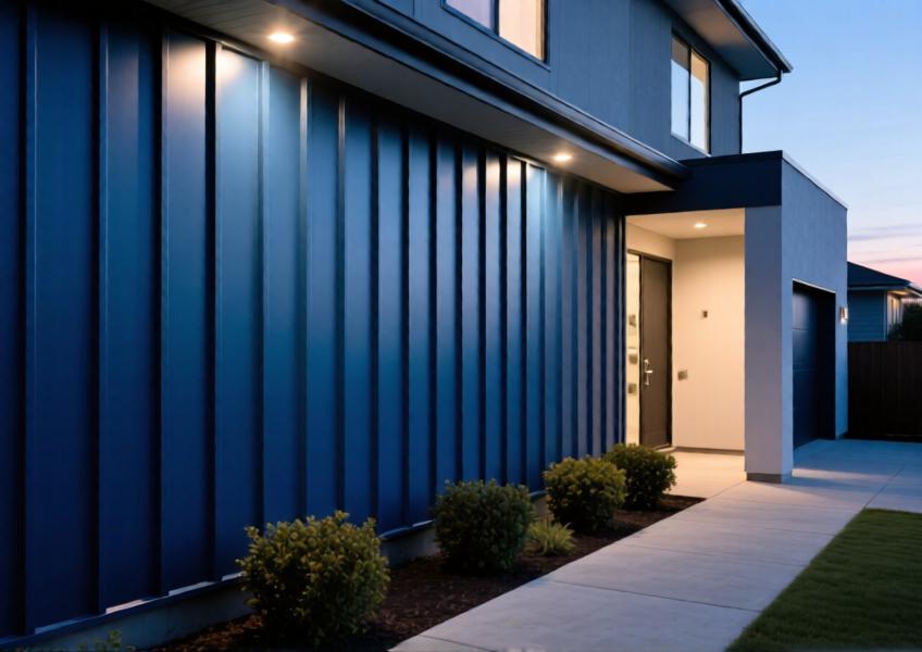A detailed architectural shot focusing on the material quality and design versatility of aluminum panels in a residential setting.