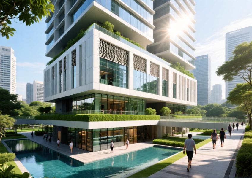 Sustainable high-rise in Singapore featuring energy-efficient ventilated cladding and sunshades, illustrating advanced thermal performance in a tropical climate.