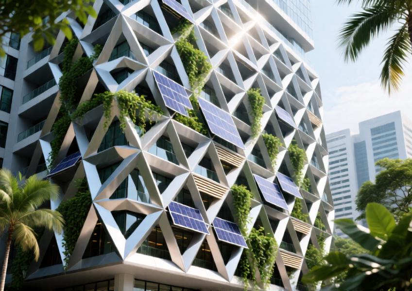 Detailed view of a diagrid façade with aluminium panels combining structural innovation, solar optimization, and sustainable technology in a tropical urban setting.