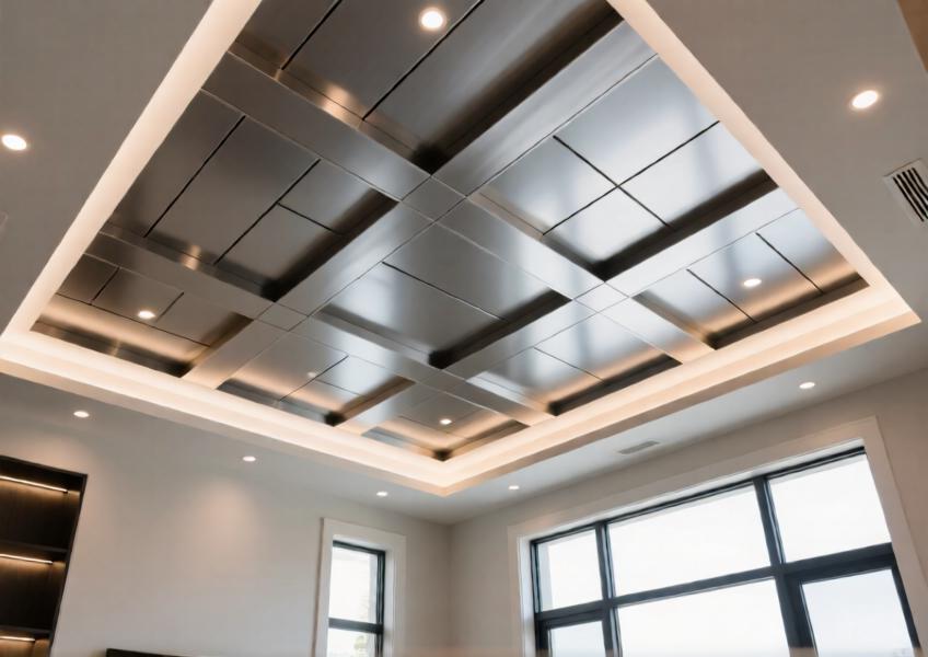 Interior view of a luxury home featuring a custom aluminum ceiling system that combines aesthetics and functionality.