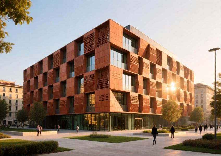 A sustainable commercial building featuring terracotta sunscreens that blend traditional craftsmanship with modern energy efficiency, set in an urban European environment.