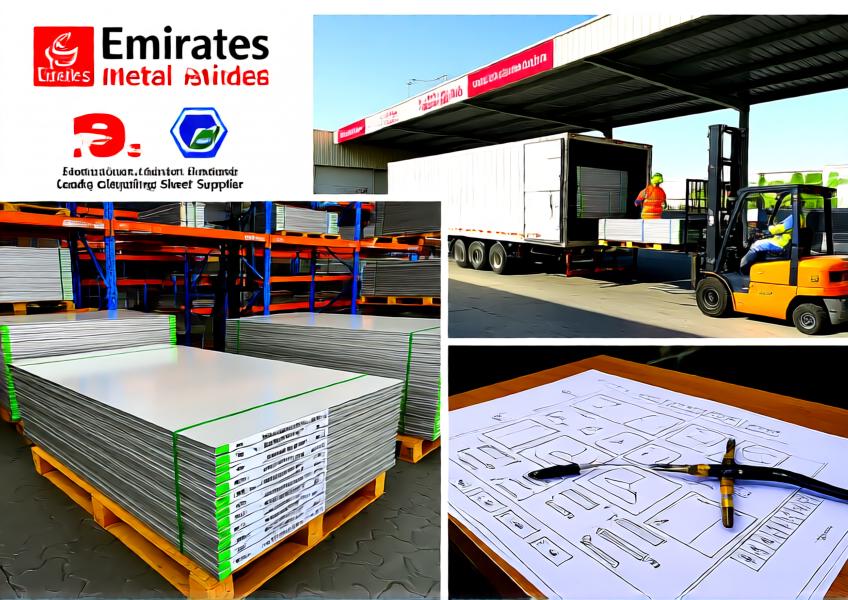 A realistic portrayal of a cladding sheet supplier’s facility in the UAE, illustrating logistics, customization, and technical operations supporting large-scale construction projects.