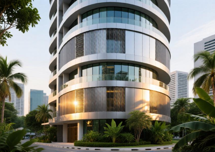 A luxury residential tower showcasing a curved aluminum rainscreen façade in a tropical urban setting, highlighting design precision and weather resilience.