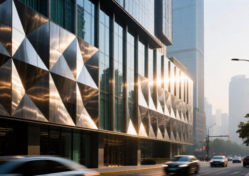 A detailed architectural shot of a modern mixed-use building in Shanghai using high-performance metal cladding to unify aesthetic and functional design goals.