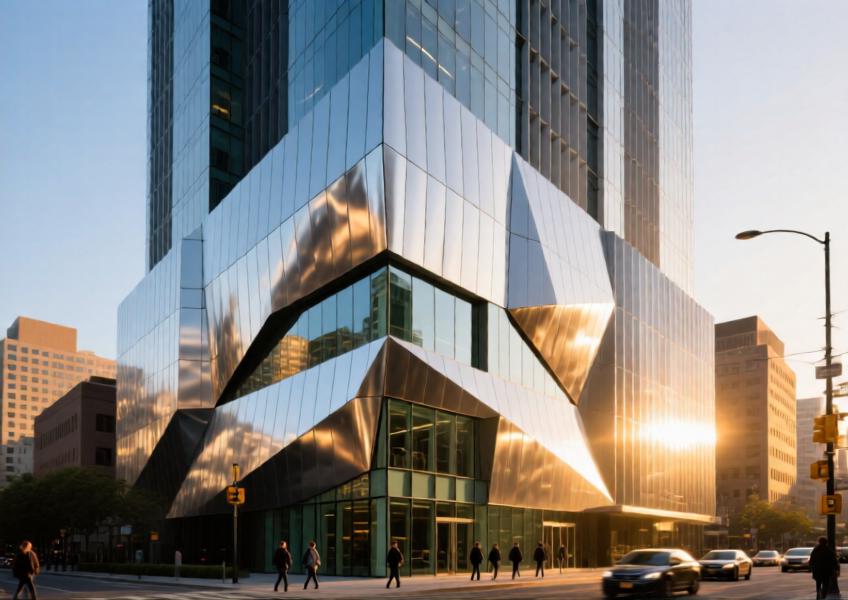 Exterior view of a modern skyscraper showcasing aluminum sheet metal wall panels in a curtain wall system, highlighting design flexibility and urban integration.