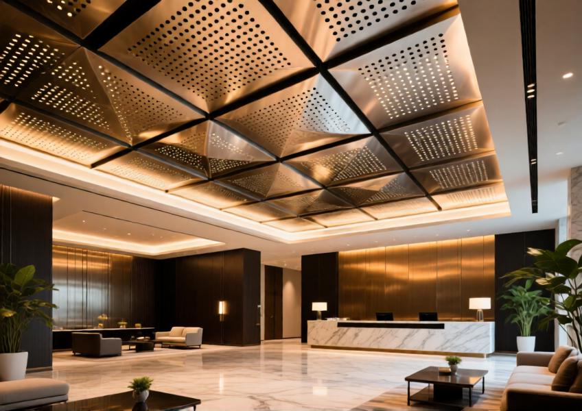 A detailed interior scene of a luxury hotel lobby featuring a functional and visually striking aluminum ceiling system designed for acoustic performance and architectural elegance.