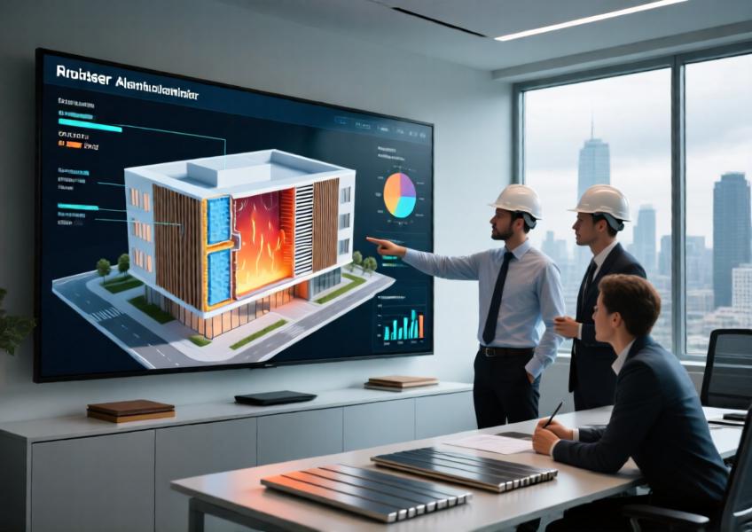 A professional team using digital modeling tools to design a facade system with frontline aluminum cladding, emphasizing technical precision and collaborative engineering.