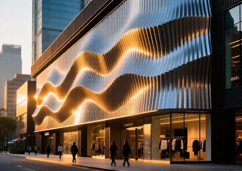 Dynamic interplay of light and shadow on a retail façade using corrugated aluminium cladding, demonstrating its visual impact throughout the day.