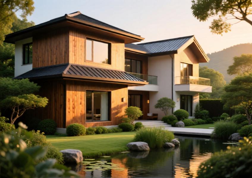 High-end residential villa with wood aluminum siding harmonizing with a natural landscape, emphasizing aesthetic refinement and material durability.