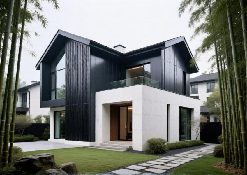 High-end residential villa using strategic combination of budget-friendly cladding materials to achieve a custom, upscale appearance.