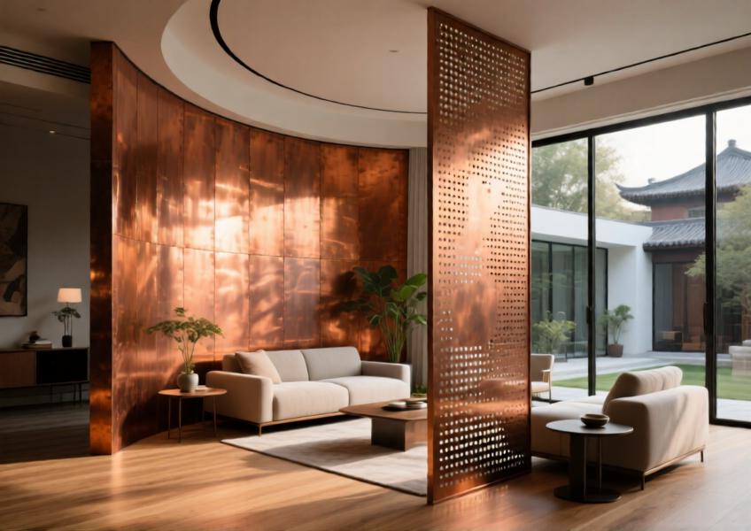 Residential interior featuring a curved copper cladding wall and perforated partition, demonstrating the material’s versatility and aesthetic warmth in high-end home design.