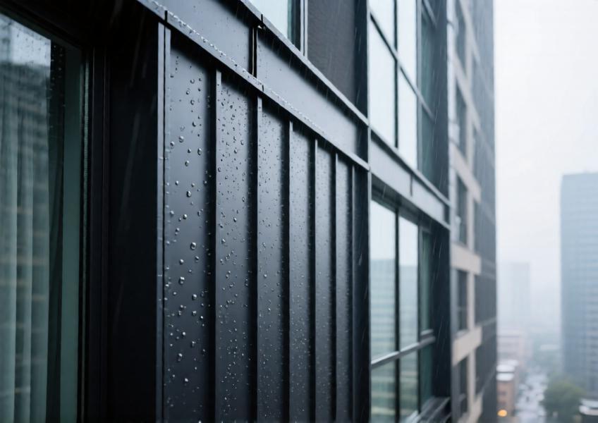 Detailed view of aluminum siding in a commercial curtain wall system, highlighting material finish, integration with glass, and performance under real-world weather conditions.
