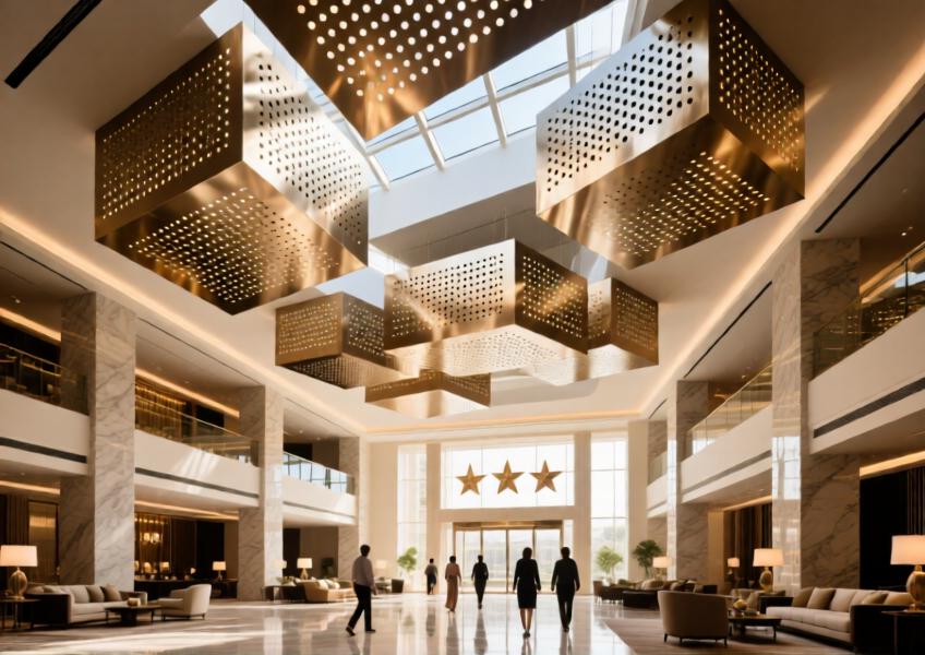 Interior atrium of a Dubai hotel with perforated metal ceiling panels designed for acoustic control and visual elegance in a luxurious public space.