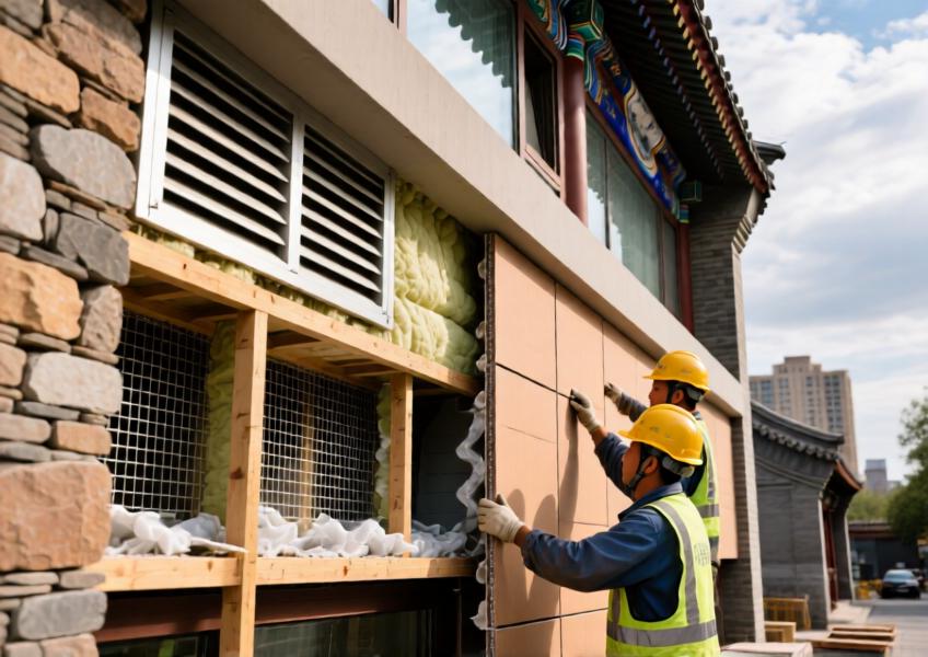 A realistic close-up of a sustainable cladding system in construction, highlighting material composition, ventilation design, and integration of local craftsmanship in a modern urban project.