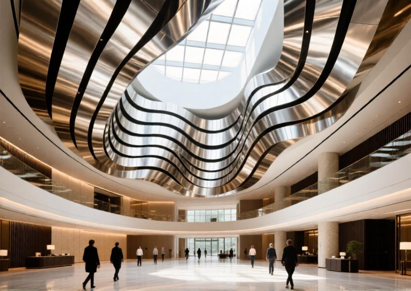 A grand hotel interior featuring custom brushed aluminum ceiling panels that combine aesthetic appeal with acoustic performance in a naturally lit atrium.