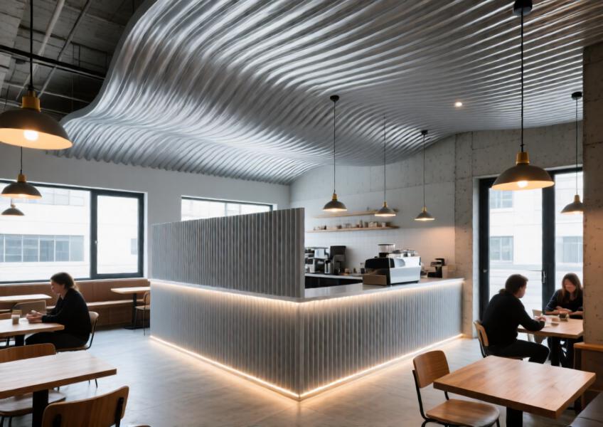 A realistic interior shot of a café using corrugated aluminum on ceiling and partitions, blending functionality and modern design in a commercial space.