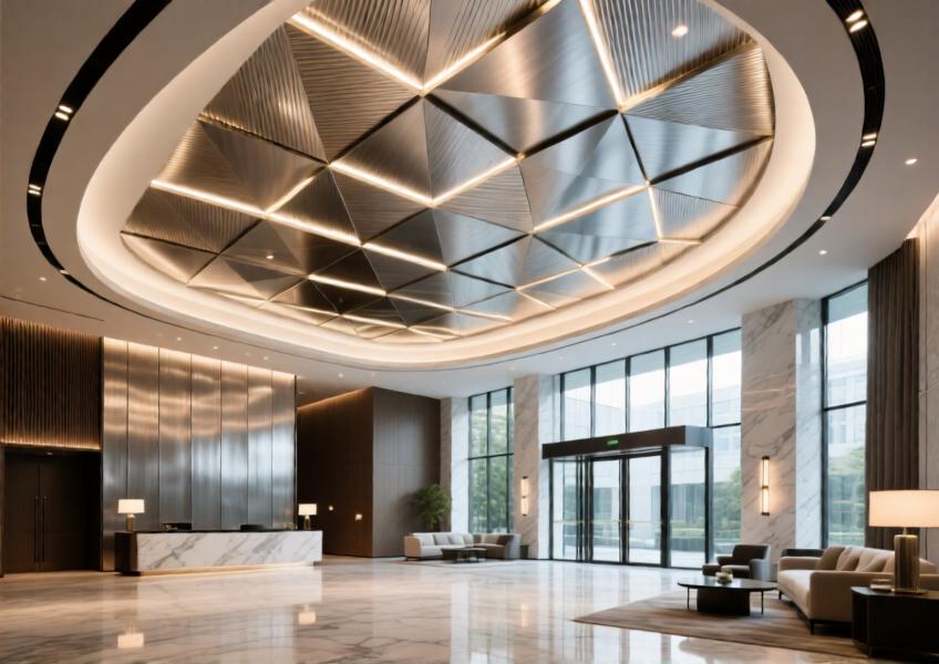 An interior scene of a high-end commercial space demonstrating the integration of customized aluminium sheets in sophisticated ceiling designs, emphasizing aesthetics, functionality, and compatibility with lighting elements.