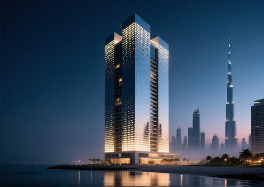 Nighttime view of a high-end residential tower using perforated aluminium panels combined with LED lighting to create a luminous, prestigious architectural identity.