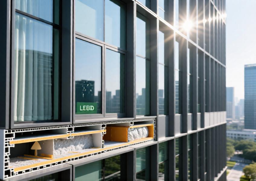Detailed view of a sustainable curtain wall system using aluminum panels and insulated glazing for energy efficiency in a green-certified building.
