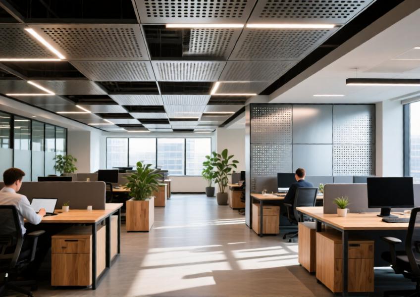Interior scene of a commercial office using perforated metal cladding for acoustic control and dynamic lighting effects.