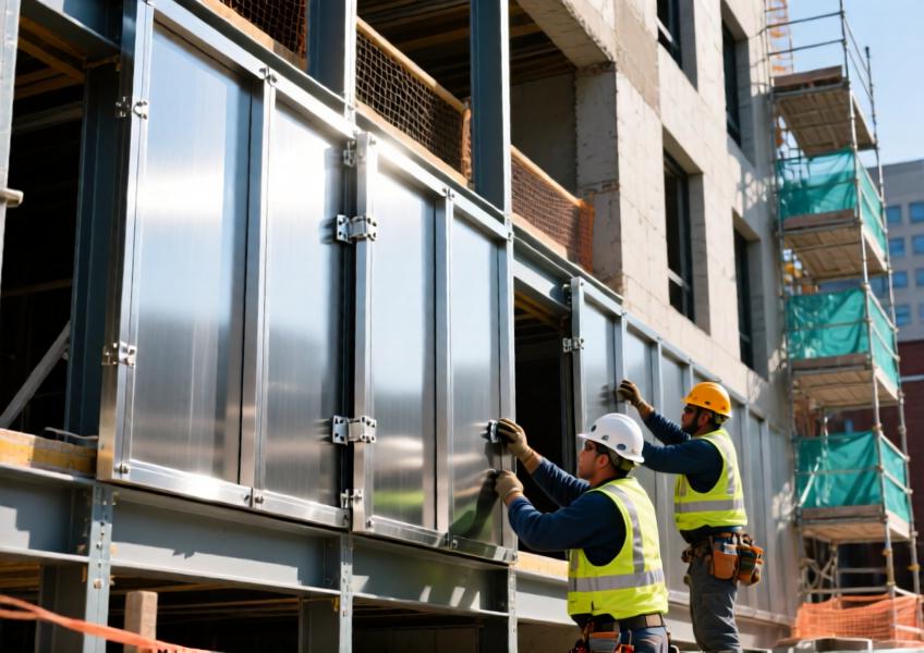 A detailed scene of cladding installation on a commercial building, illustrating the practical application, modular structure, and professional handling of premium cladding sheets in real-world conditions.