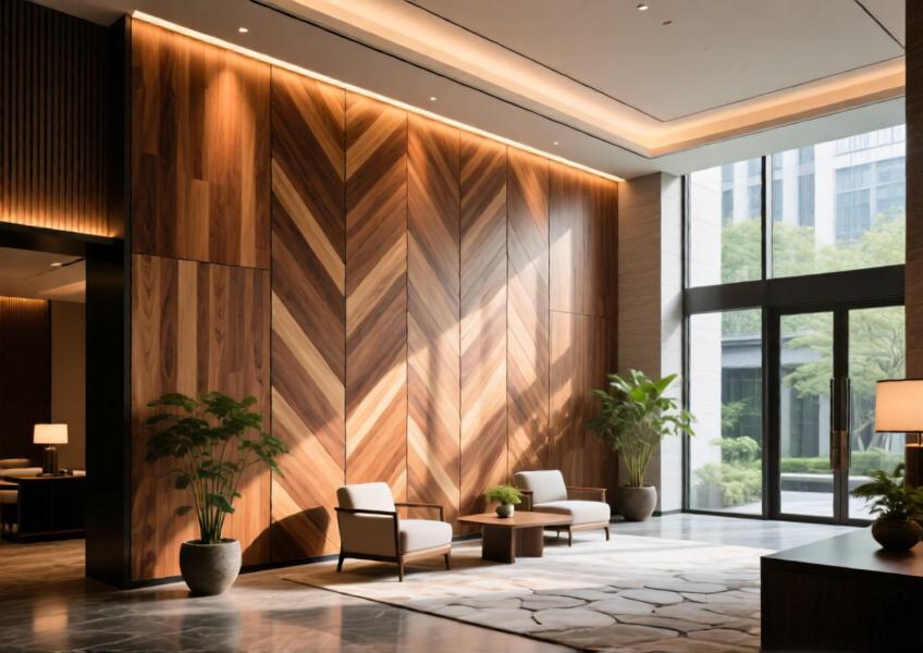 Interior shot of a five-star resort lobby showcasing a decorative faux wood feature wall that combines elegance and sustainability.