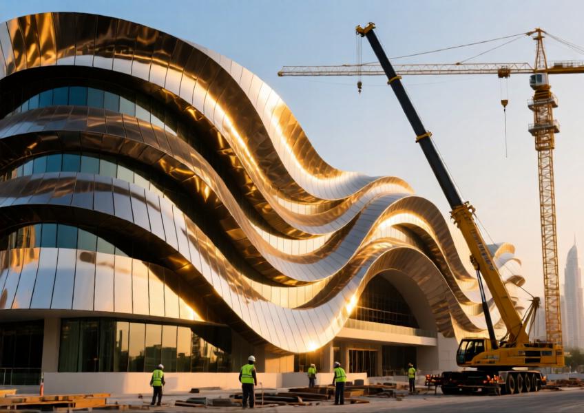 A close-up view of a digitally fabricated metal cladding system on a curved building facade, demonstrating advanced manufacturing techniques and architectural innovation in a high-profile project.