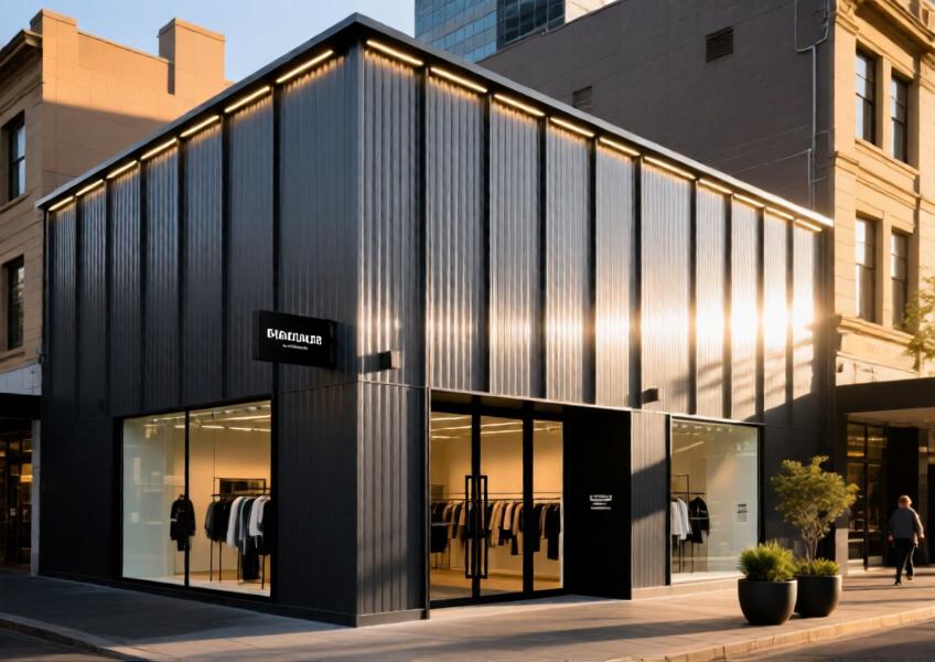 An urban retail space featuring durable, powder-coated aluminum cladding, illustrating the material’s aesthetic and functional performance in a commercial setting.