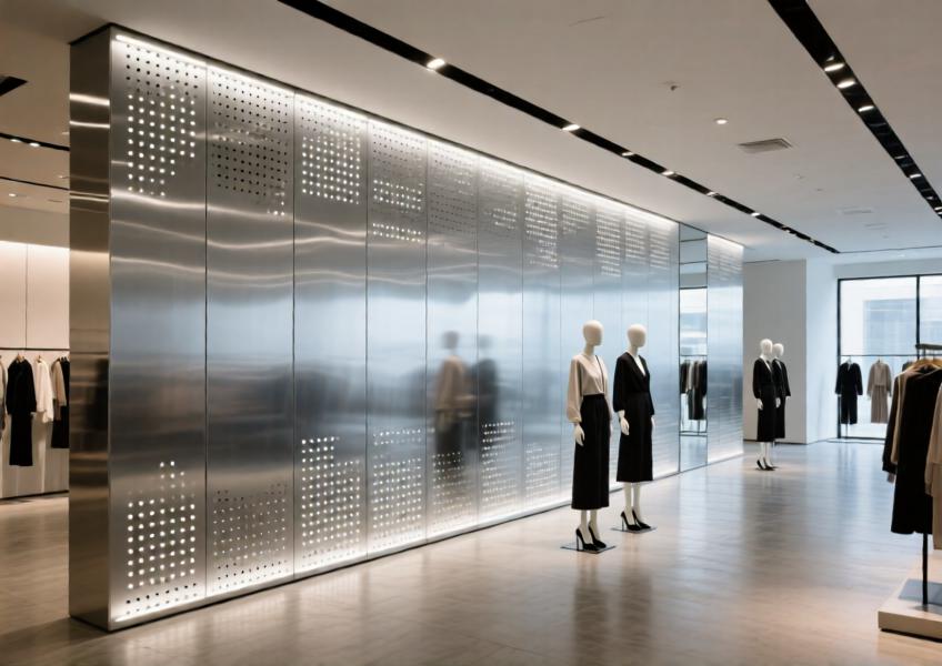 Commercial interior using aluminium cladding as a decorative and functional wall element, showcasing its aesthetic versatility and ability to enhance spatial perception through light reflection.